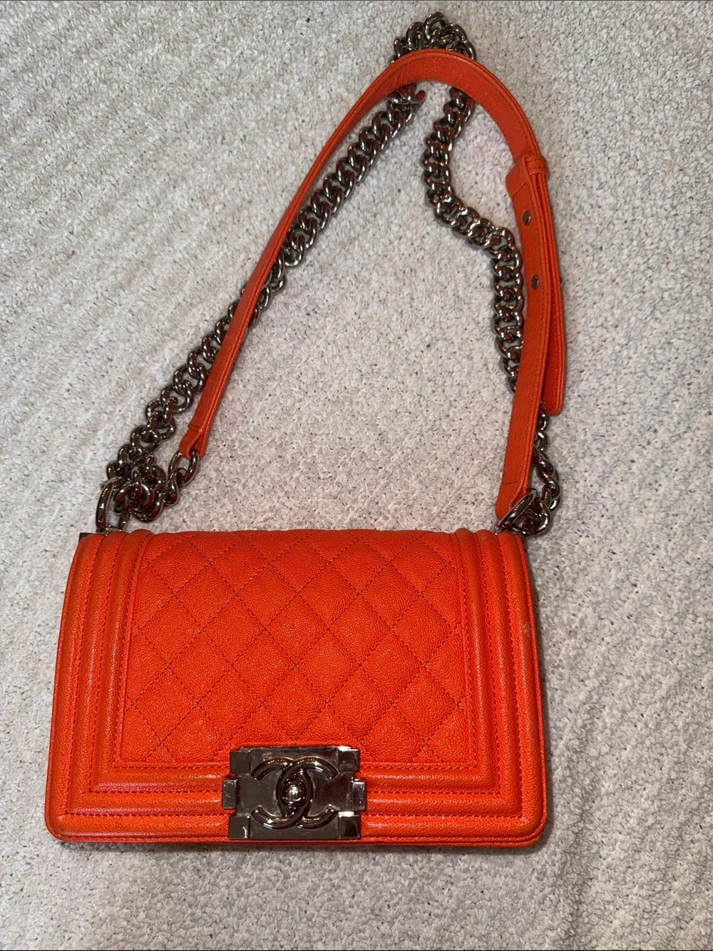 CHANEL Orange Quilted Boy Bag with Silver Chain